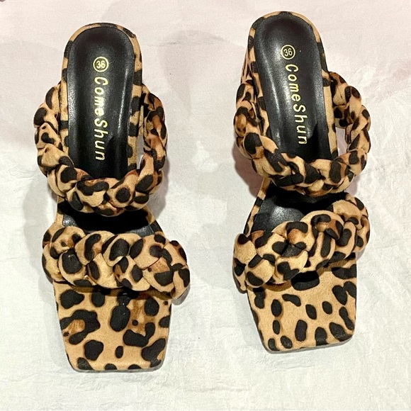 🛍️COMESHUN Womens leopard print heeled open Square Toe slides size5 1/2 (36)NEW - Picture 3 of 9